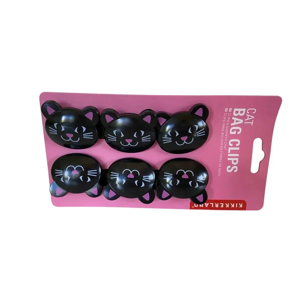NEW Kikkerland Black & Pink Cat Kitten Bag Chip Clips Kitchen Set of 6